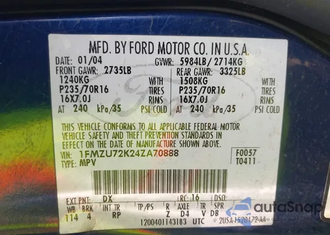 2004 Ford Explorer Xls из США, поврежденный, VIN 1FMZU72K24ZA70888